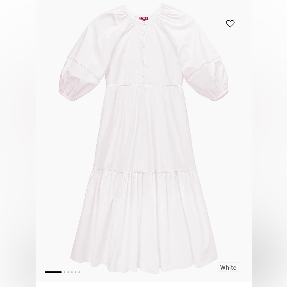 STAUD Demi Dress White Tiered Maxi Cotton 3/4 Sleeves Size XS